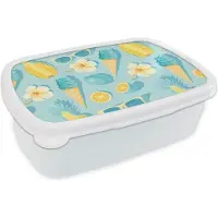 MuchoWow Broodtrommel Wit - Lunchbox - Brooddoos - Zomer - Fruit - Bloemen - Blauw - 18x12x6 cm - Volwassenen