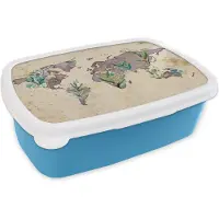 MuchoWow Broodtrommel Blauw - Lunchbox - Brooddoos - Wereldkaart - Vintage - Goud - 18x12x6 cm - Kinderen - Jongen