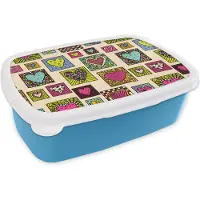 MuchoWow Broodtrommel Blauw - Lunchbox - Brooddoos - Bohemian - Hartjes - Doodle - Patronen - 18x12x6 cm - Kinderen - Jongen