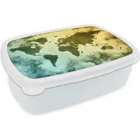 MuchoWow Broodtrommel Wit - Lunchbox - Brooddoos - Wereldkaart - Groen - Blauw - 18x12x6 cm - Volwassenen