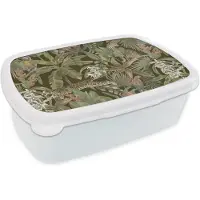 MuchoWow Broodtrommel Wit - Lunchbox - Brooddoos - Jungle - Dieren - Vintage - Patroon - 18x12x6 cm - Volwassenen