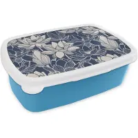 MuchoWow Broodtrommel Blauw - Lunchbox - Brooddoos - Lotus - Blauw - Patronen - 18x12x6 cm - Kinderen - Jongen