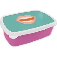 MuchoWow Broodtrommel Roze - Lunchbox Blauw - Mond - Lippenstift - Brooddoos 18x12x6 cm - Brood lunch box - Broodtrommels voor kinderen en volwassenen