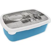 MuchoWow Broodtrommel Blauw - Lunchbox - Brooddoos - Baby olifant met haar moeder in zwart-wit - 18x12x6 cm - Kinderen - Jongen