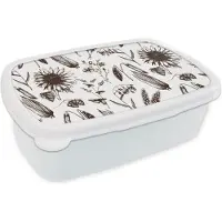 MuchoWow Broodtrommel Wit - Lunchbox - Brooddoos - Patroon - Planten - Zwart - Wit - 18x12x6 cm - Volwassenen