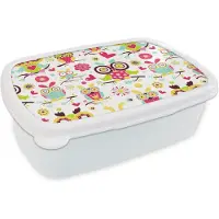 MuchoWow Broodtrommel Wit - Lunchbox - Brooddoos - Patronen - Uil - Dieren - 18x12x6 cm - Volwassenen