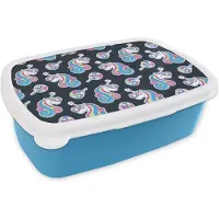 MuchoWow Broodtrommel Blauw - Lunchbox - Brooddoos - Meisje - Unicorn - Lolly snoep - Patronen - Girl - Kids - Kinderen - 18x12x6 cm - Kinderen - Jongen