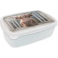 MuchoWow Broodtrommel Wit - Lunchbox - Brooddoos - Schotse hooglander - Koe - Berg - Doorkijk - 18x12x6 cm - Volwassenen