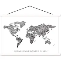 MuchoWow Wereldkaart vingerafdruk zwart wit met tekst schoolplaat platte latten wit 150x100 cm - Foto print op textielposter (wanddecoratie woonkamer/slaapkamer)