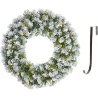 Mica Decorations Kerstkrans/deurkrans groen verlichting 30 lampjes en sneeuw 60 cm met ijzeren hanger - Kerstversiering/kerstdecoratie kransen