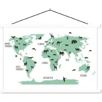MuchoWow Kinder Wereldkaart Dieren schoolplaat platte latten wit 150x100 cm - Foto print op textielposter (wanddecoratie woonkamer/slaapkamer)