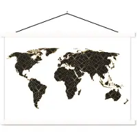 MuchoWow Wereldkaart Zwart Goud Lijnen schoolplaat platte latten wit 150x100 cm - Foto print op textielposter (wanddecoratie woonkamer/slaapkamer)