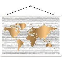MuchoWow Wereldkaart Goud Golven schoolplaat platte latten wit 150x100 cm - Foto print op textielposter (wanddecoratie woonkamer/slaapkamer)