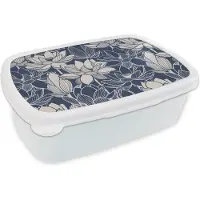 MuchoWow Broodtrommel Wit - Lunchbox - Brooddoos - Lotus - Blauw - Patronen - 18x12x6 cm - Volwassenen