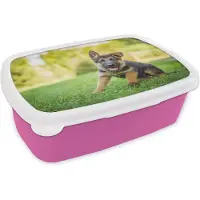 MuchoWow Broodtrommel Roze - Lunchbox - Brooddoos - Puppy zit in het gras - 18x12x6 cm - Kinderen - Meisje