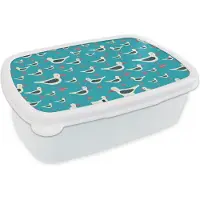 MuchoWow Broodtrommel Wit - Lunchbox - Brooddoos - Retro - Zeemeeuw - Patronen - Kind - 18x12x6 cm - Volwassenen
