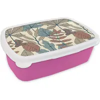MuchoWow Broodtrommel Roze - Lunchbox - Brooddoos - Herfst - Patronen - Bladeren - 18x12x6 cm - Kinderen - Meisje