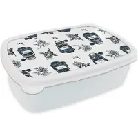 MuchoWow Broodtrommel Wit - Lunchbox - Brooddoos - Patronen - Schedel - Rozen - Piraten - Jongens - Kinderen - Kids - 18x12x6 cm - Volwassenen