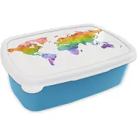 MuchoWow Broodtrommel Blauw - Lunchbox - Brooddoos - Wereldkaart - Pride vlag - Waterverf - 18x12x6 cm - Kinderen - Jongen