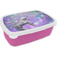 MuchoWow Broodtrommel Roze - Lunchbox - Brooddoos - Wit eenhoorn ornament - 18x12x6 cm - Kinderen - Meisje