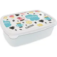 MuchoWow Broodtrommel Wit - Lunchbox - Brooddoos - Patronen - Koffiebonen - Koffie - IJs - 18x12x6 cm - Volwassenen