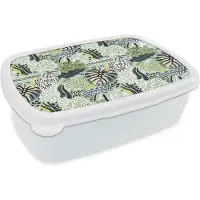 MuchoWow Broodtrommel Wit - Lunchbox - Brooddoos - Planten - Vormen - Jungle - Patronen - 18x12x6 cm - Volwassenen
