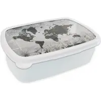 MuchoWow Broodtrommel Wit - Lunchbox - Brooddoos - Wereldkaart - Bloemen - Hout - 18x12x6 cm - Volwassenen