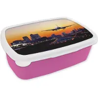 MuchoWow Broodtrommel Roze - Lunchbox - Brooddoos - Vliegtuig land in London - 18x12x6 cm - Kinderen - Meisje