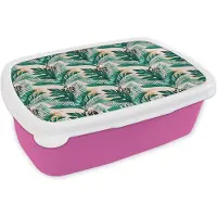 MuchoWow Broodtrommel Roze - Lunchbox - Brooddoos - Palmblad - Panterprint - Goud - 18x12x6 cm - Kinderen - Meisje
