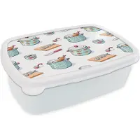 MuchoWow Broodtrommel Wit - Lunchbox - Brooddoos - Patronen - Koken - Eten - Vis - Pan - 18x12x6 cm - Volwassenen
