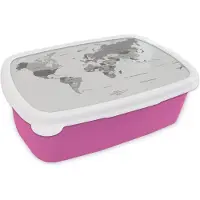 MuchoWow Broodtrommel Roze - Lunchbox - Brooddoos - Wereldkaart op een lichtgrijze achtergrond - zwart wit - 18x12x6 cm - Kinderen - Meisje