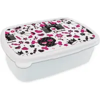 MuchoWow Broodtrommel Wit - Lunchbox - Brooddoos - Meiden - Kroon - Hart - Patronen - Girl - Kindje - Kinderen - 18x12x6 cm - Volwassenen