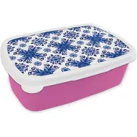 MuchoWow Broodtrommel Roze - Lunchbox - Brooddoos - Tegel - Bloem - Blauw - Patroon - 18x12x6 cm - Kinderen - Meisje