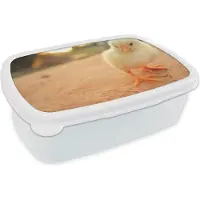 MuchoWow Broodtrommel Wit - Lunchbox - Brooddoos - Baby kuiken op een houten tafel - 18x12x6 cm - Volwassenen