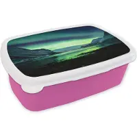 MuchoWow Broodtrommel Roze - Lunchbox - Brooddoos - Noorderlicht - Noorwegen - IJs - Geel - Berg - Water- Sneeuw - 18x12x6 cm - Kinderen - Meisje