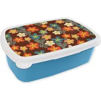 MuchoWow Broodtrommel Blauw - Lunchbox Retro - Patronen - Bloemen - Jaren 70 - Brooddoos 18x12x6 cm - Brood lunch box - Broodtrommels voor kinderen en volwassenen