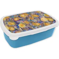 MuchoWow Broodtrommel Blauw - Lunchbox - Brooddoos - Citroen - Vintage - Jungle - Patronen - 18x12x6 cm - Kinderen - Jongen