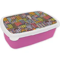 MuchoWow Broodtrommel Roze - Lunchbox - Brooddoos - Huis - Regenboog - Patroon - 18x12x6 cm - Kinderen - Meisje