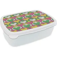 MuchoWow Broodtrommel Wit - Lunchbox Hart - Retro - Patronen - Brooddoos 18x12x6 cm - Brood lunch box - Broodtrommels voor kinderen en volwassenen