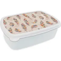 MuchoWow Broodtrommel Wit - Lunchbox - Brooddoos - Veer - Pluimen - Patronen - Pastel - 18x12x6 cm - Volwassenen