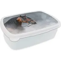 MuchoWow Broodtrommel Wit - Lunchbox - Brooddoos - Paard - Rook - Zwart - 18x12x6 cm - Volwassenen