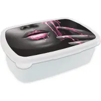 MuchoWow Broodtrommel Wit - Lunchbox - Brooddoos - Lippen - Roze - Zwart - 18x12x6 cm - Volwassenen