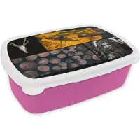 MuchoWow Broodtrommel Roze - Lunchbox - Brooddoos - Collage - Goud - Zwart - Verf - 18x12x6 cm - Kinderen - Meisje