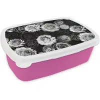 MuchoWow Broodtrommel Roze - Lunchbox - Brooddoos - Rozen - Zwart Wit - Patronen - 18x12x6 cm - Kinderen - Meisje