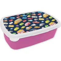MuchoWow Broodtrommel Roze - Lunchbox - Brooddoos - Patroon - Auto - Verkeer - 18x12x6 cm - Kinderen - Meisje