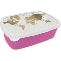 MuchoWow Broodtrommel Roze - Lunchbox - Brooddoos - Wereldkaart - Goud - Glitter - 18x12x6 cm - Kinderen - Meisje