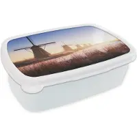 MuchoWow Broodtrommel Wit - Lunchbox - Brooddoos - De molens op de Kinderdijk - 18x12x6 cm - Volwassenen