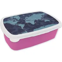 MuchoWow Broodtrommel Roze - Lunchbox - Brooddoos - Wereldkaart - Abstract - Blauw - 18x12x6 cm - Kinderen - Meisje