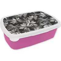 MuchoWow Broodtrommel Roze - Lunchbox - Brooddoos - Zwart - Wit - Patronen - Bladeren - Natuur - 18x12x6 cm - Kinderen - Meisje