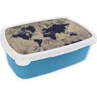 MuchoWow Broodtrommel Blauw - Lunchbox - Brooddoos - Wereldkaart - Bloemen - Blauw - 18x12x6 cm - Kinderen - Jongen